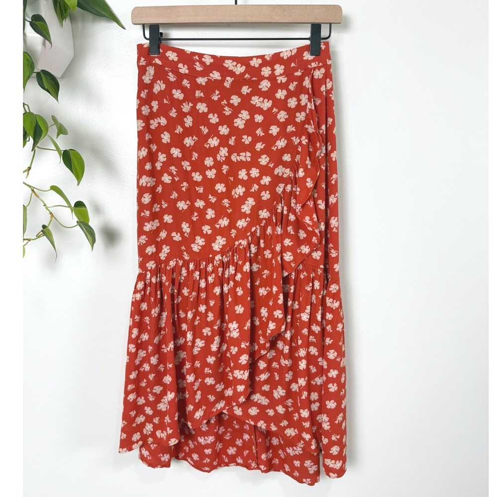 Madewell Ruffle Wrap Midi Skirt Happy Hibiscus Aloha Thai Chili Floral 00 Boho